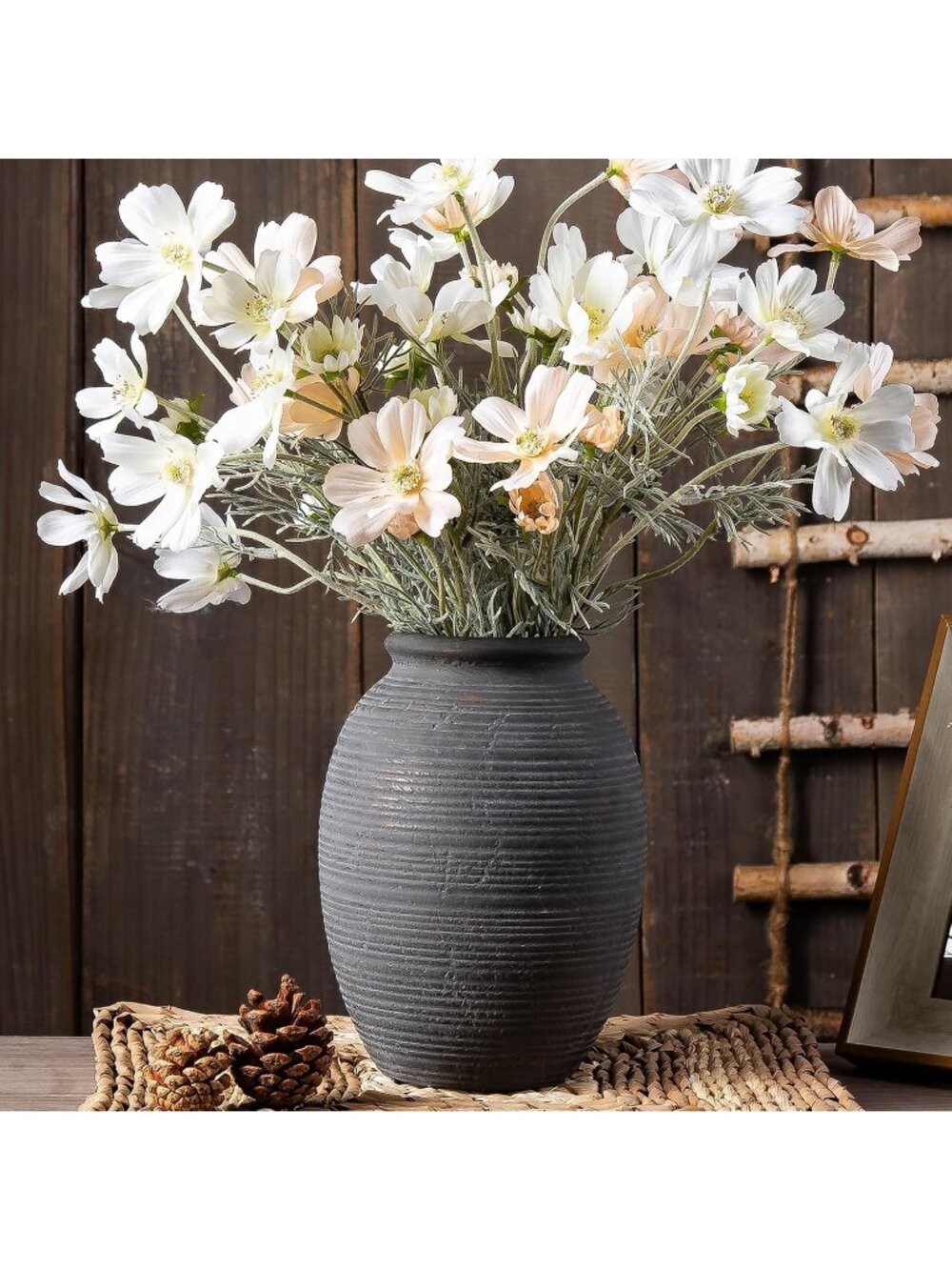 8 Inch Terracotta Ceramic Black Rustic Flower Vintage Vase Farmhouse Shelf Deco
